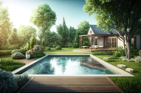 Premium Photo | A pool in a garden with a house in the background