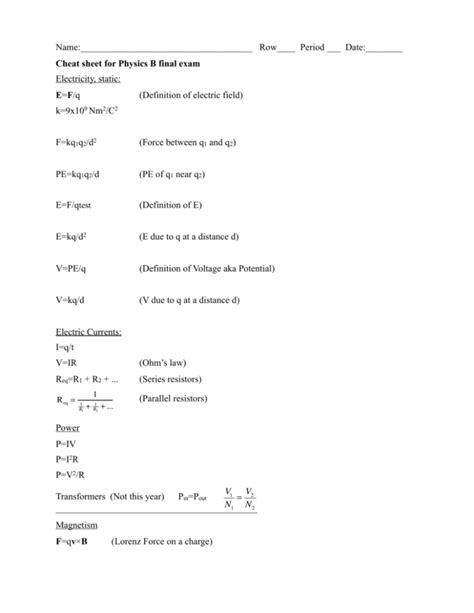 Physics Unit 3 And 4 Cheat Sheet