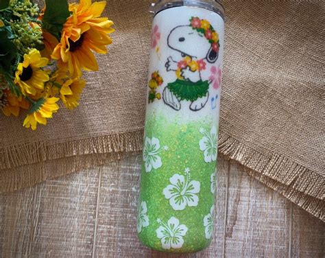 Hawaiian Snoopy Tumbler Made With Custom Glitters Waterslides And