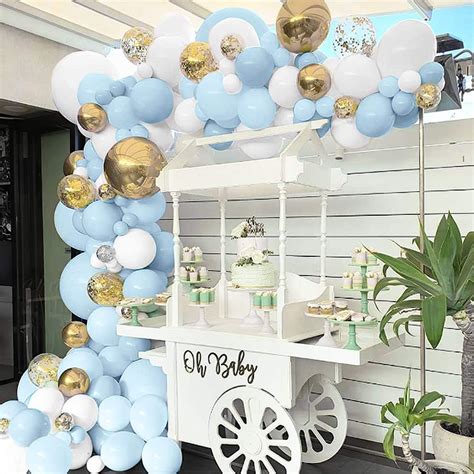 Globos de oro azul y blanco 90 globos de látex pastel confeti dorado y