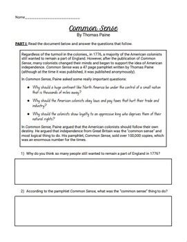 Common Sense By Thomas Paine Printable Worksheets English And Spanish