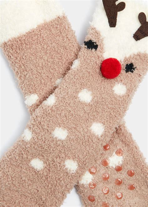 Kids Brown Christmas Reindeer Slipper Socks Younger 6 Older 55 Matalan