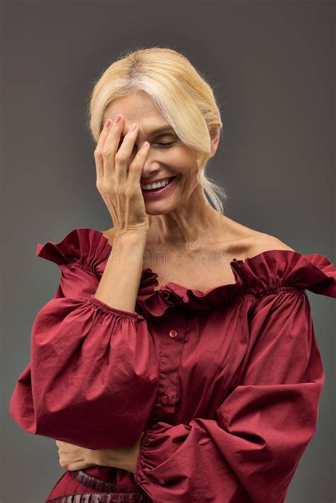 Mature Woman In Red Top Smiling Stock Image Image Of Female Chic
