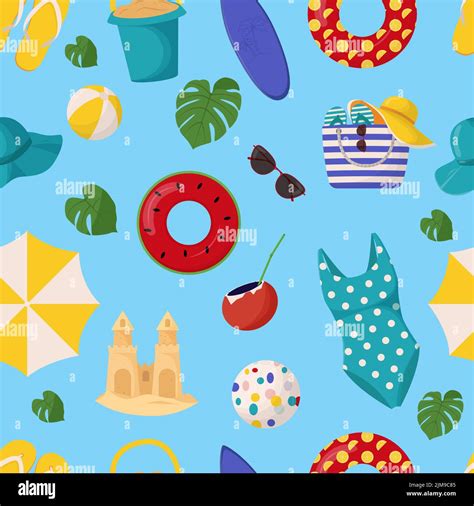 Set Of Cute Summer Elements Surfboard Cocktail Bag Hat Palm Tree Bikini Flip Flops Beach