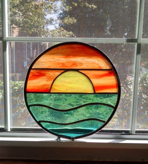 Sunset Stained Glass Window Panel Round Suncatcher Ocean