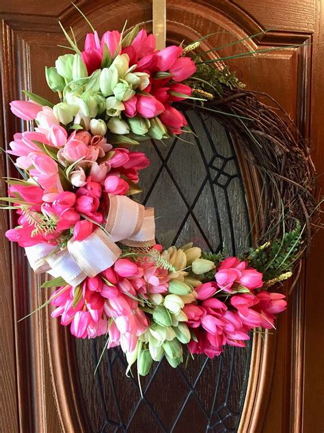 Front Door Tulip Wreath On Grapevine Etsy Dried Floral Wreaths