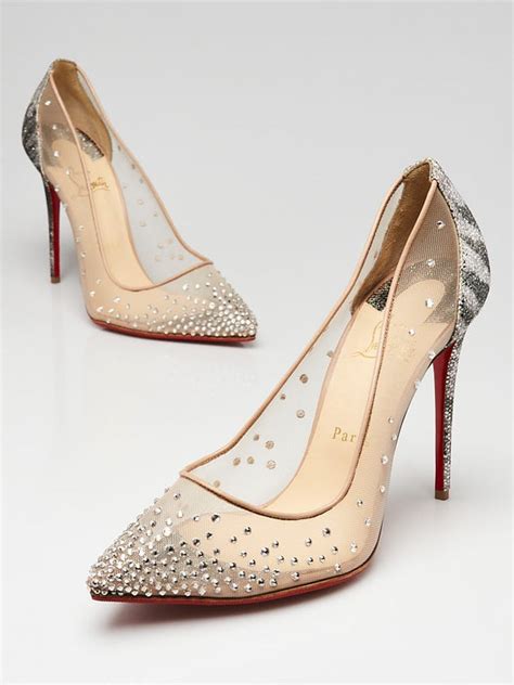 Christian Louboutin Neutral Mesh And Silver Glitter Strass Crystal Follies 100 Pumps Size 8 5 39