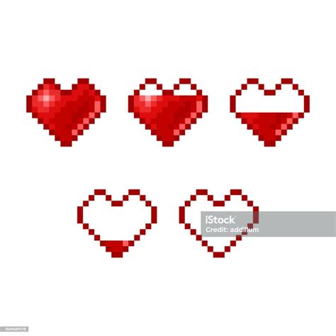 Pixel Art Life Bar Retro Video Game Health Heart Bar Vector Symbols Set ...