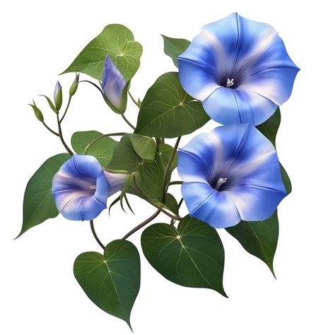 Realistic Blue Morning Glory Flowers with Vibrant Green Leaves 57752391 PNG