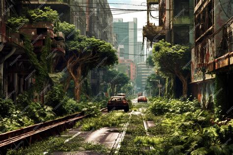 Premium Ai Image A Postapocalyptic City With Overgrown Vegetation