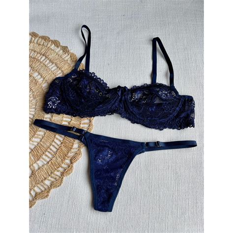 Conjunto Calcinha Fio Dental De Renda Sutiã De Renda Sem Bojo Aro Lingerie Shopee Brasil