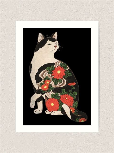 Antique Japanese Woodblock Print Cat With Flower Tattoos Art Print For Sale By Epitomegirl