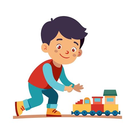 Niño feliz jugando con un tren de juguete sobre un fondo blanco