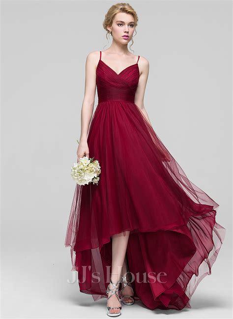 A Line Princess V Neck Asymmetrical Tulle Prom Dresses With Ruffle