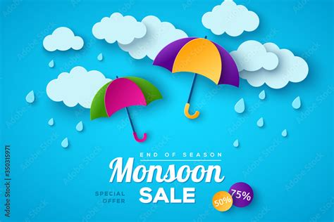 Monsoon Sale Offer Banner Template With Paper Cut Clouds And Colorful