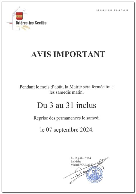 Fermeture de la mairie de Brières les samedis du mois d août 2024