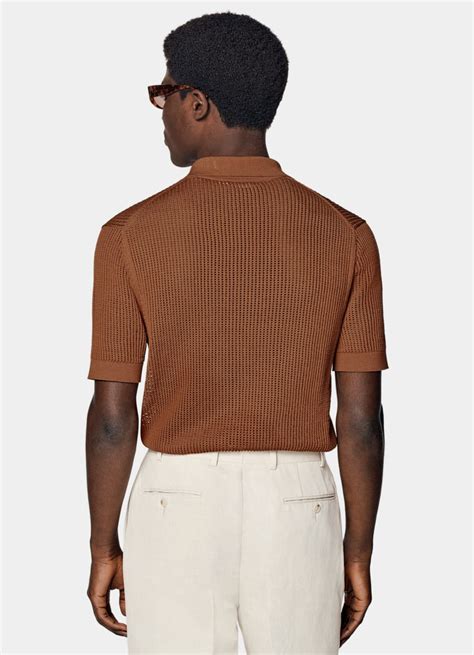 Dark Orange Crochet Buttonless Polo In Californian Cotton Mulberry