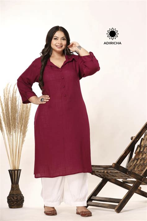 Shop Now Plus Size Wine Shirt Collar Kurti - ADIRICHA