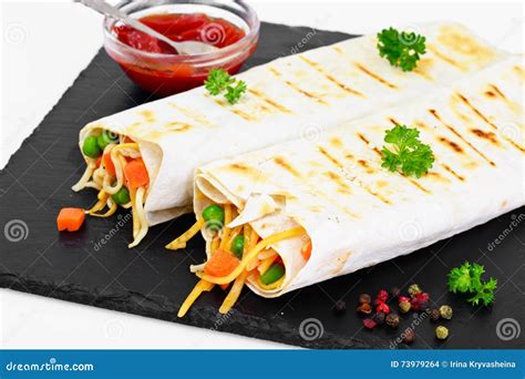 Pita Bread With Vegetables Chinese Noodles And Arugula Stock Photo