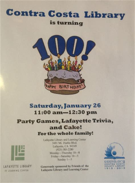 Contra Costa Library 100th Birthday Party at Lafayette Library on Jan ...