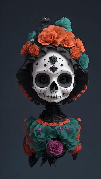 Um bonito modelo 3d do crânio de catrina renderiza o fundo preto do dia