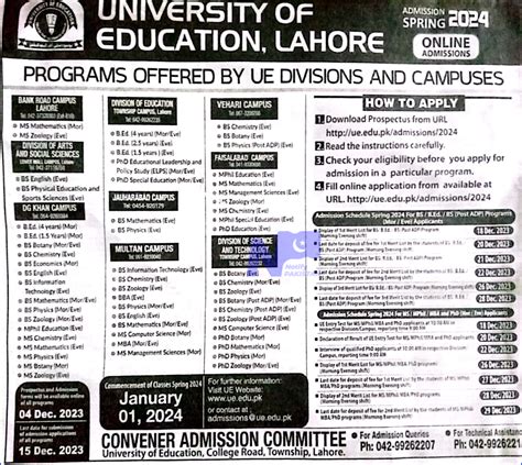 University Of Education Lahore Ue Admission 2024 Online Apply For Bs