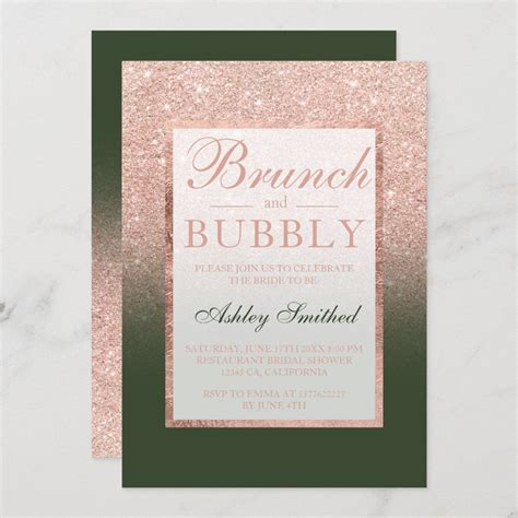 Rose Gold Glitter Green Bubbly Bridal Shower Invitation Zazzle