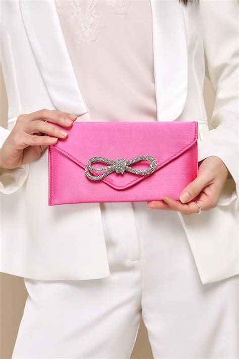 Fuchsia Satin Clutch Rhinestone Bow Clutch Envelope Clutch Lulus