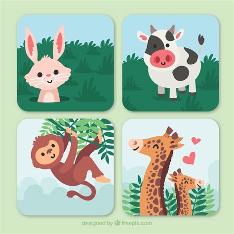 Premium Vector | Cards with happy animals in the nature