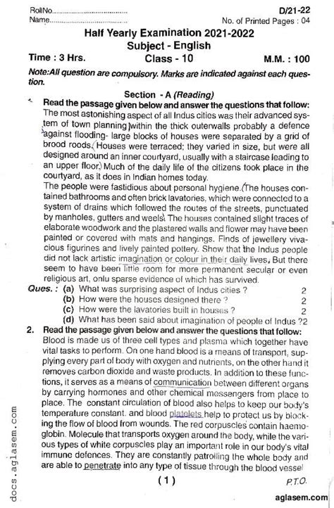 Uttarakhand Board Half Yearly Question Paper Class English Aglasem