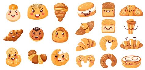 Premium Vector Funny Tasty Bakery Pastries Cartoon Happy Breads Faces Character Set Kawaii