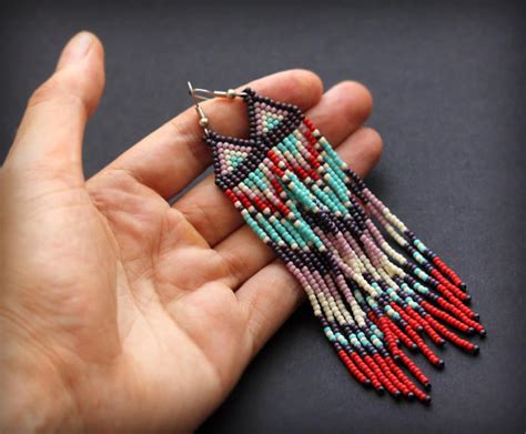 Long Dangle Seed Bead Earrings Colorful Beaded Fringe Earrings Etsy