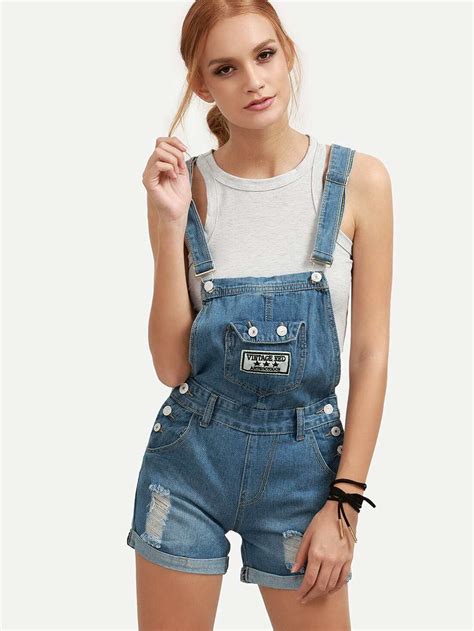 Blue Ripped Roll Hem Denim Overall Shorts Shein Sheinside