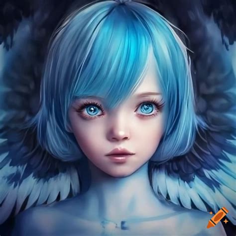 Cosplayer With Blue Hair Eyes Dress Wings And Stars