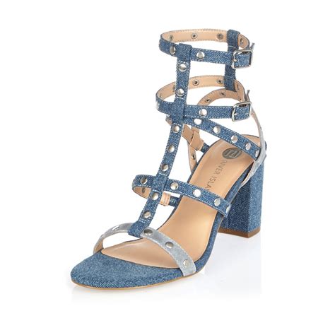 Lyst River Island Blue Denim Strappy Mid Heel Sandals In Blue