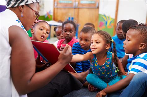 Teacher reading a book with a class of preschool children - Attendance ...