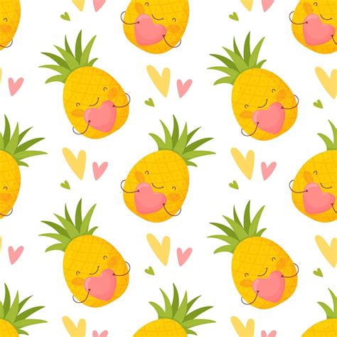 Premium Vector Seamless Pattern For Valentines Day Cute Cartoon Pineapple And Colorful Hearts