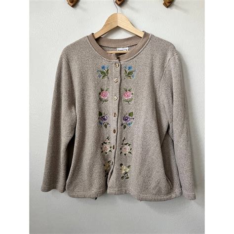 Vintage Bonworth Tan Embroidered Floral Button Front Cardigan Sweater