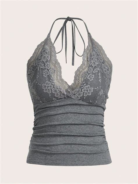 Grey Elegant Collar Knitted Fabric Plain Halter Embellished Slight