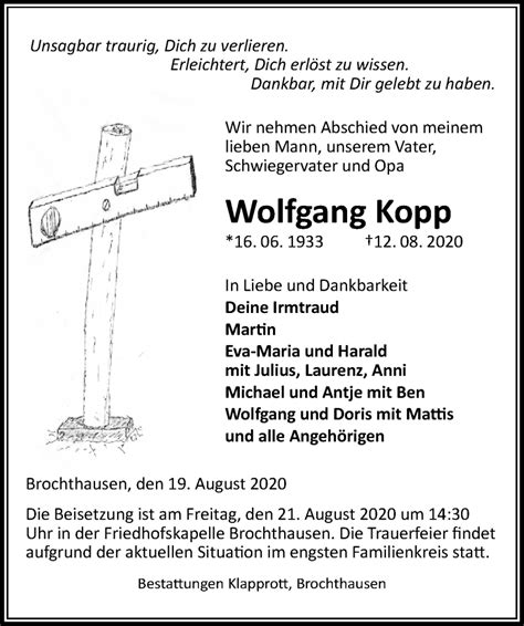 Traueranzeigen Von Wolfgang Kopp Trauer Anzeigen De