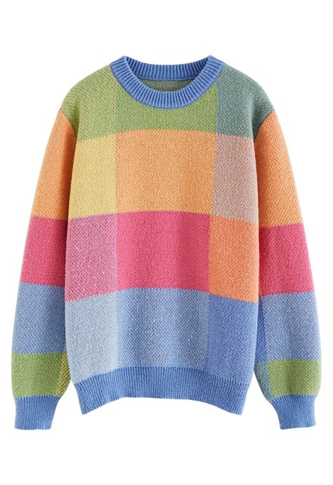 Grid Color Block Oversize Knit Sweater Retro Indie And Unique Fashion