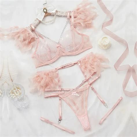 Sexy Lace Lingerie Set With Feather Women S Chain Perspective Underwear Garters Exotic Apparel