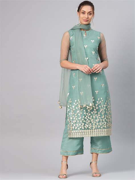 Buy Libas Women Green And Golden Block Print Kurta With Palazzos