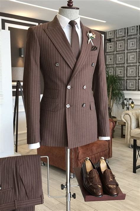 Garrett Stylish Coffee Peaked Lapel Double Breasted Striped Business