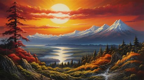 Premium AI Image | A painting of a sunset with mountains