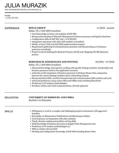 Sap Mm Consultant Resume Samples Velvet Jobs