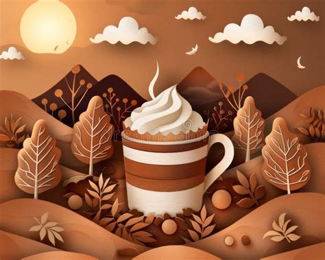 Cozy Autumn Landscape With Hot Cocoa Cup And Whipped Cream Topping In A Warm Earthy Color