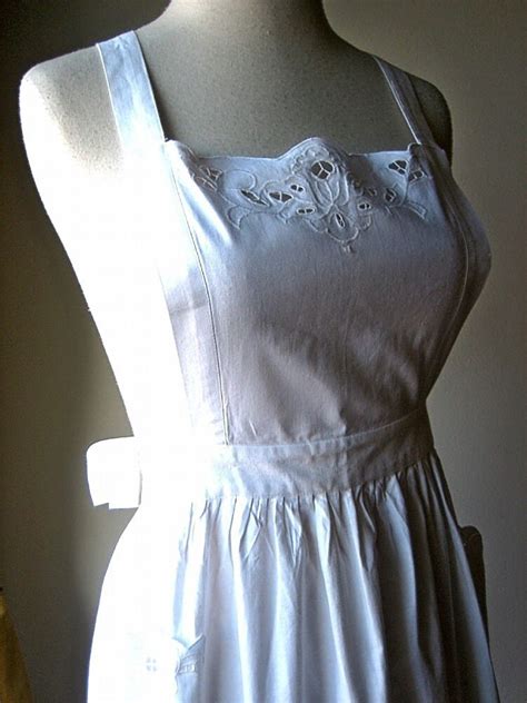 Full Apron Vintage Kitchen Skirt Cover Bib Pinafore White Linen Cutwork