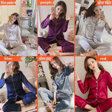 M 5XLWomen Silk Satin Pyjamas Long Sleevewanita Pajamas Set Baju Tidur Seksi Perempuan Lingerie