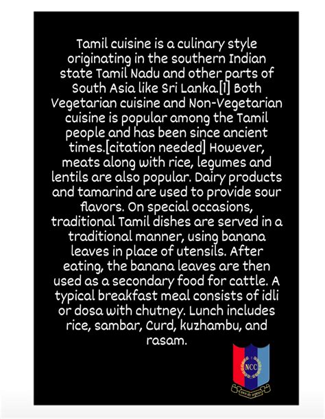 Article on the food culture of TamilNadu – India NCC